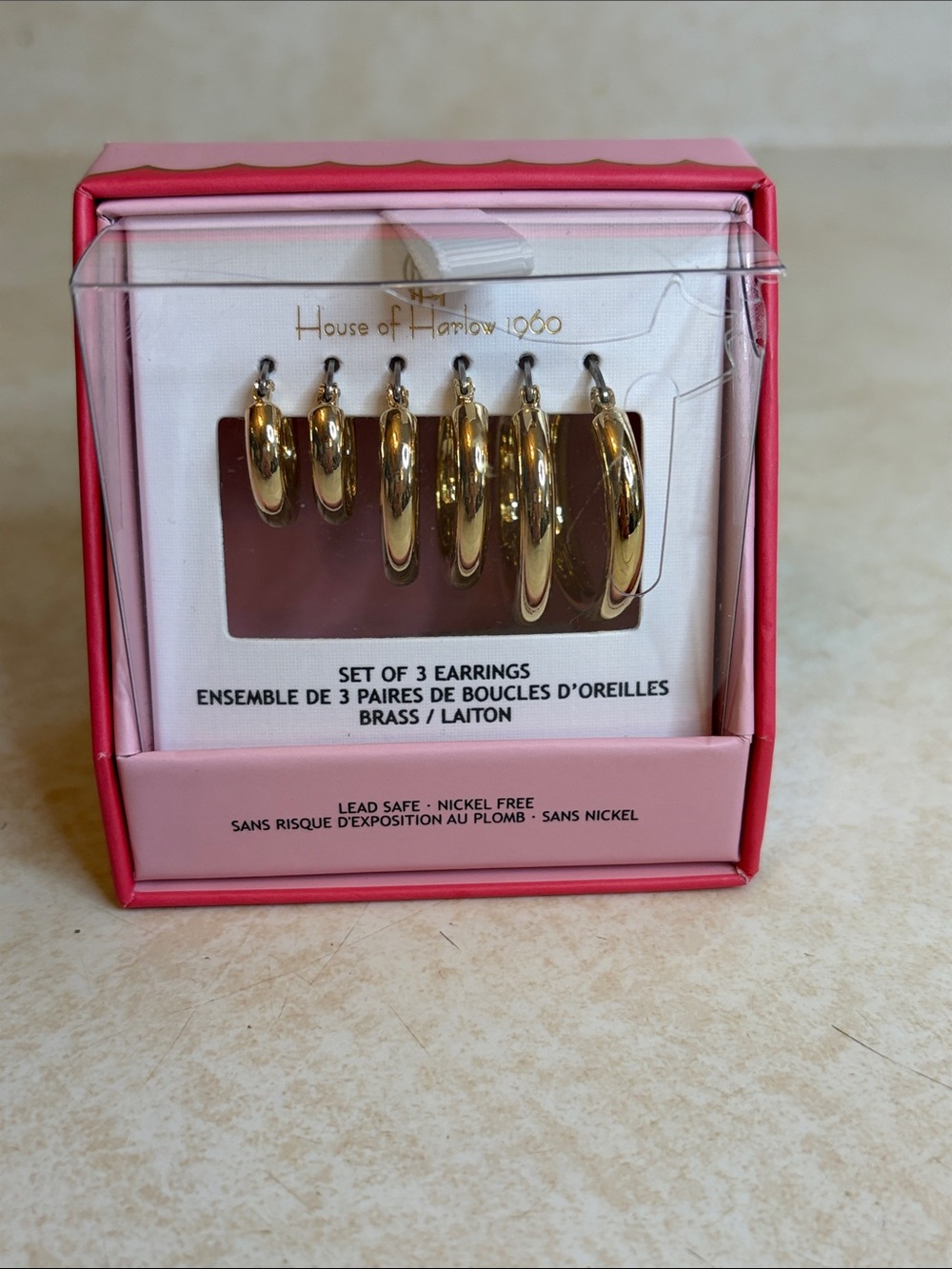 House of Harlow 1960 Gold Hoop Earring Set with Pink Box
